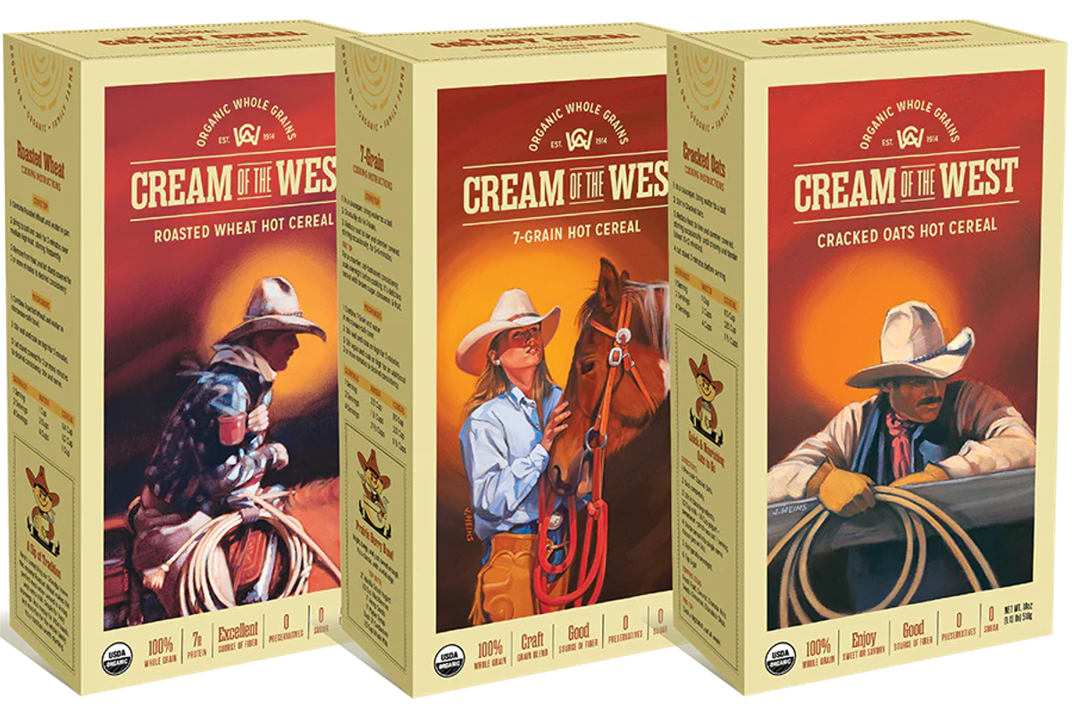 Three Cream of the West cereal boxes with painted cowboy scenes: "Roasted Wheat," "7-Grain" and "Cracked Oats" hot cereal.