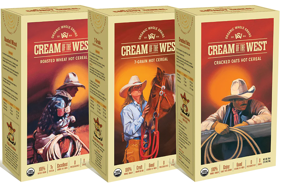 Three Cream of the West cereal boxes with painted cowboy scenes: "Roasted Wheat," "7-Grain" and "Cracked Oats" hot cereal.