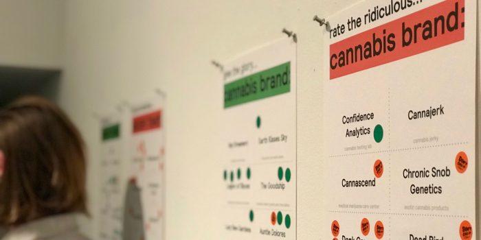 Voting posters on a wall reading "rate the ridiculous... cannabis brand:" with entries like Confidence Analytics, Cannajerk, and Chronic Snob Genetics.