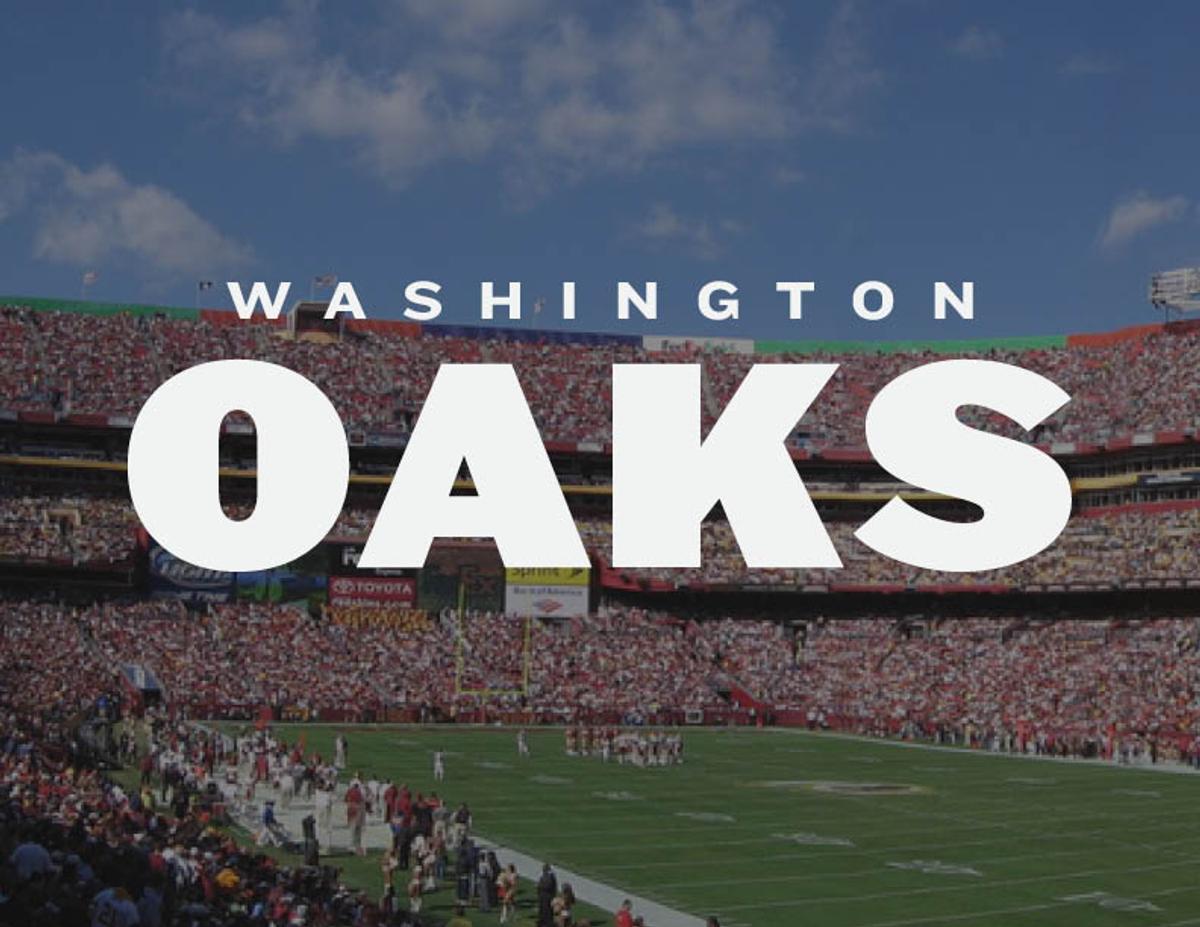 "Washington Oaks" in bold white letters over a packed football stadium.