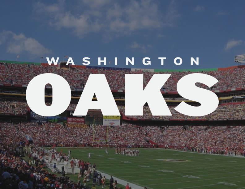 "Washington Oaks" in bold white letters over a packed football stadium.