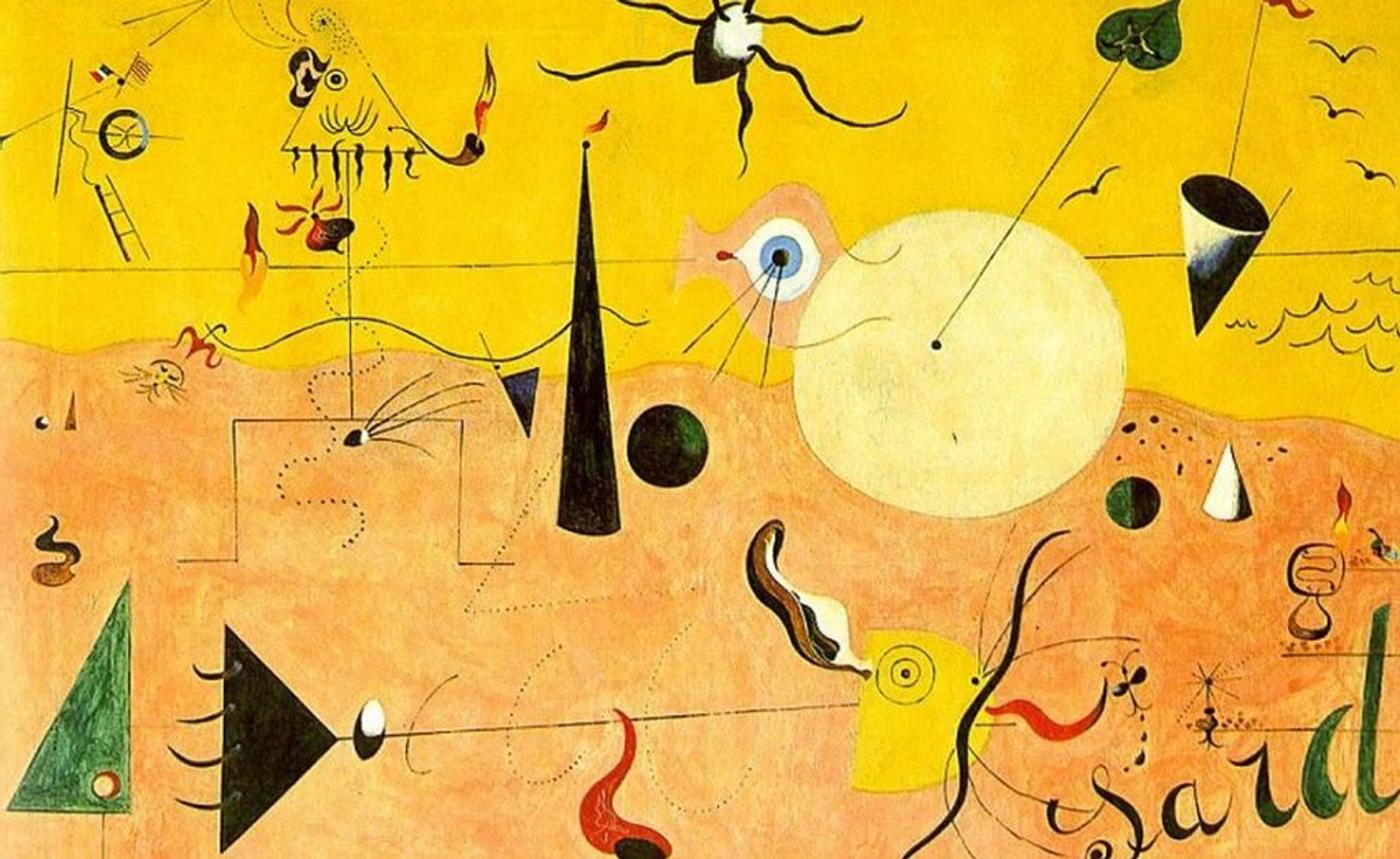 A Joan Miró painting, its figures scattered across fields of yellow and ochre