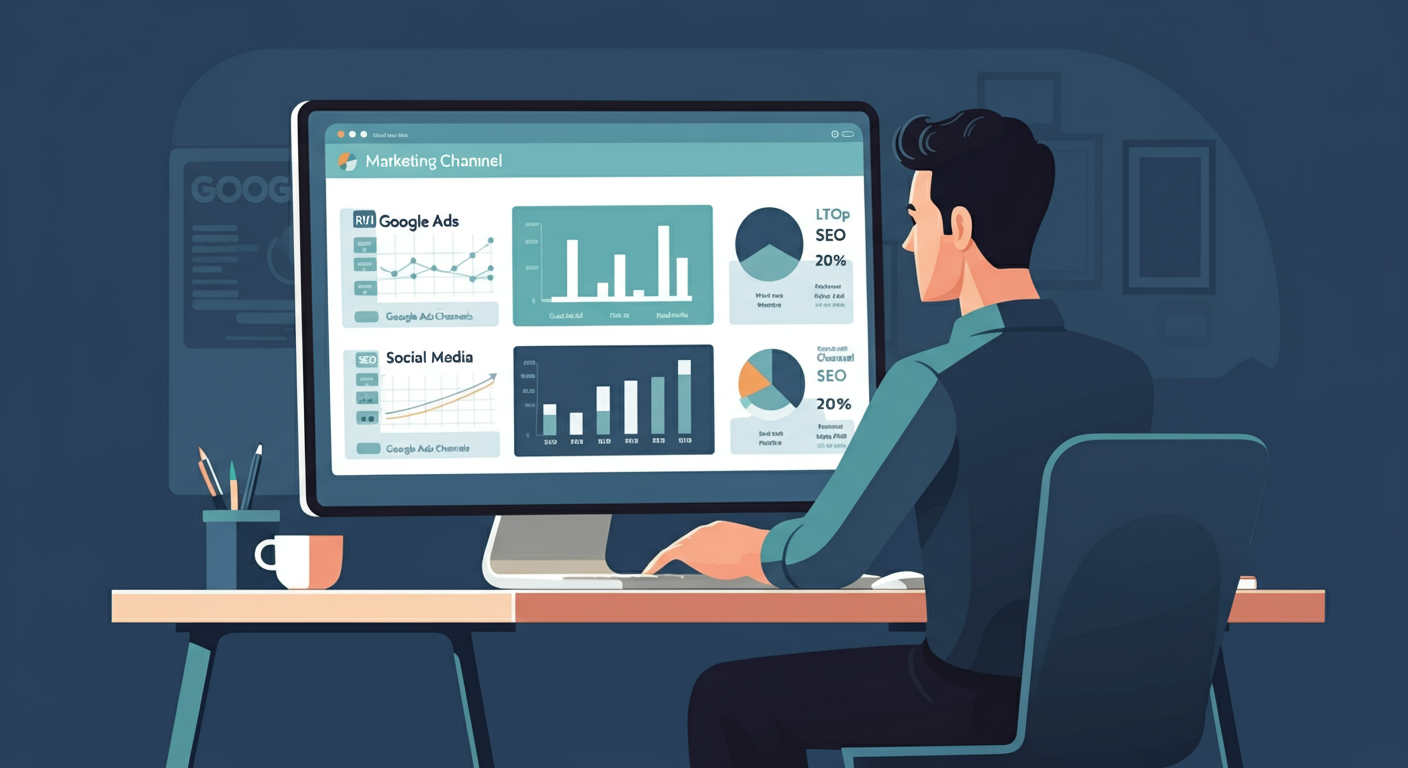 Flat design illustration of a business owner analyzing digital marketing ROI across multiple channels — Google Ads, Facebook Ads, SEO, and social media — with paid channels highlighted as top performers