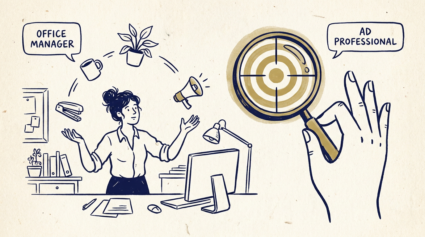 Hand-drawn illustration of an office manager at a small desk facing an enormous control panel of ad platform dials, switches and screens, most of them out of reach.