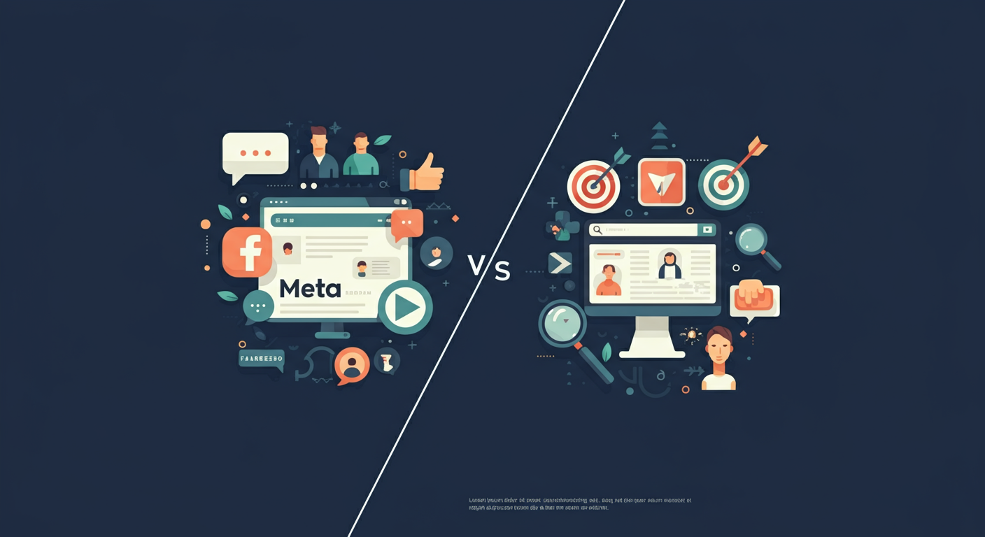 Flat design illustration comparing Meta Ads and Google Ads side by side — Meta logo on the left representing interruption marketing, Google logo on the right representing search intent, on a dark navy background
