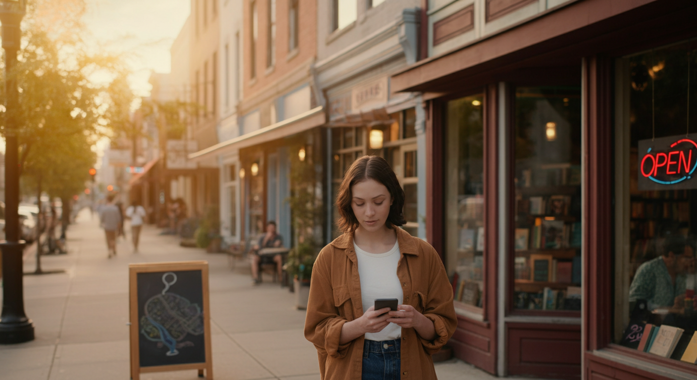 A woman checks her smartphone while walking along a sun-lit city sidewalk, with local storefronts and a glowing OPEN sign in the background.