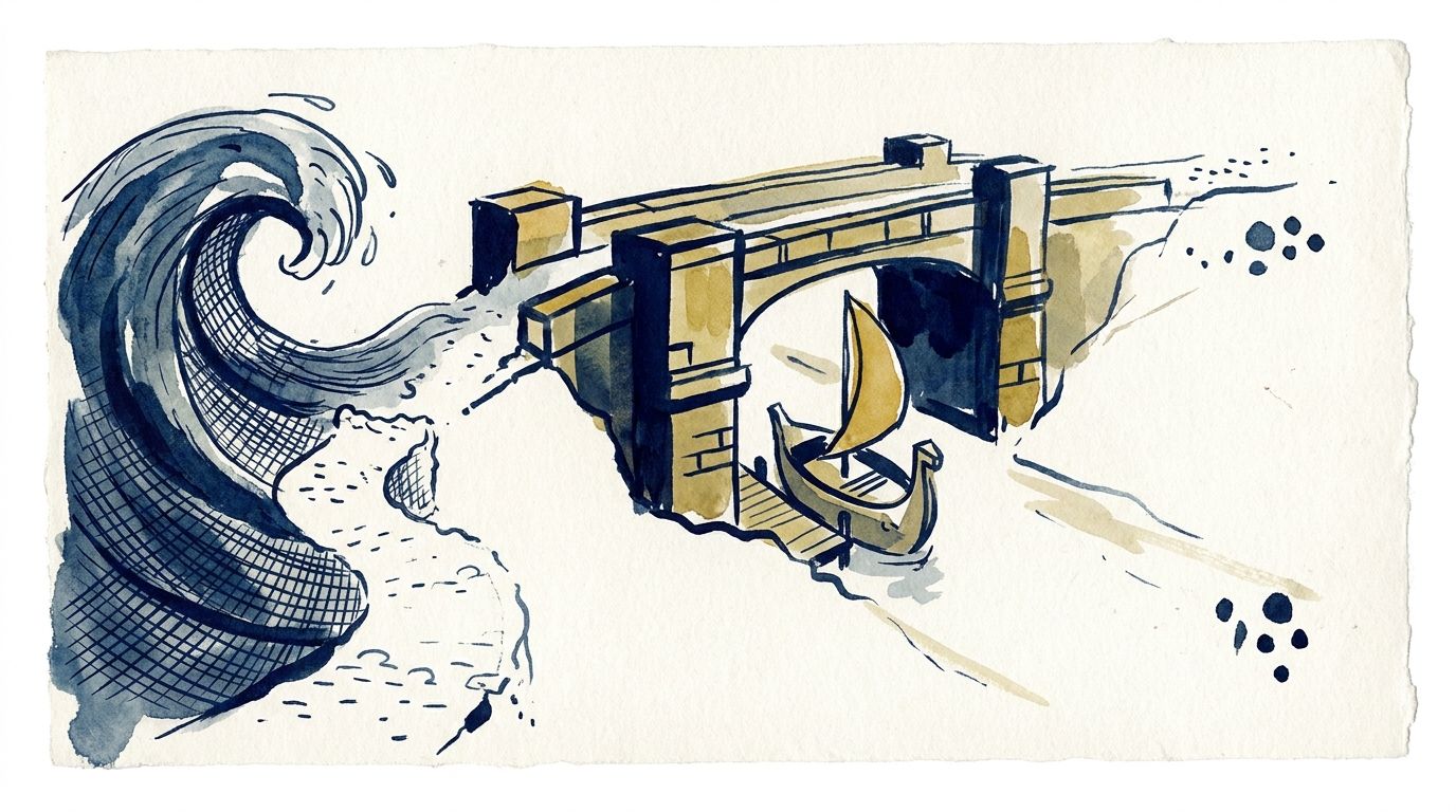 Hand-drawn illustration of a seesaw with a falling website ranking chart on one side and a business owner turning up a paid ads dial on the other.