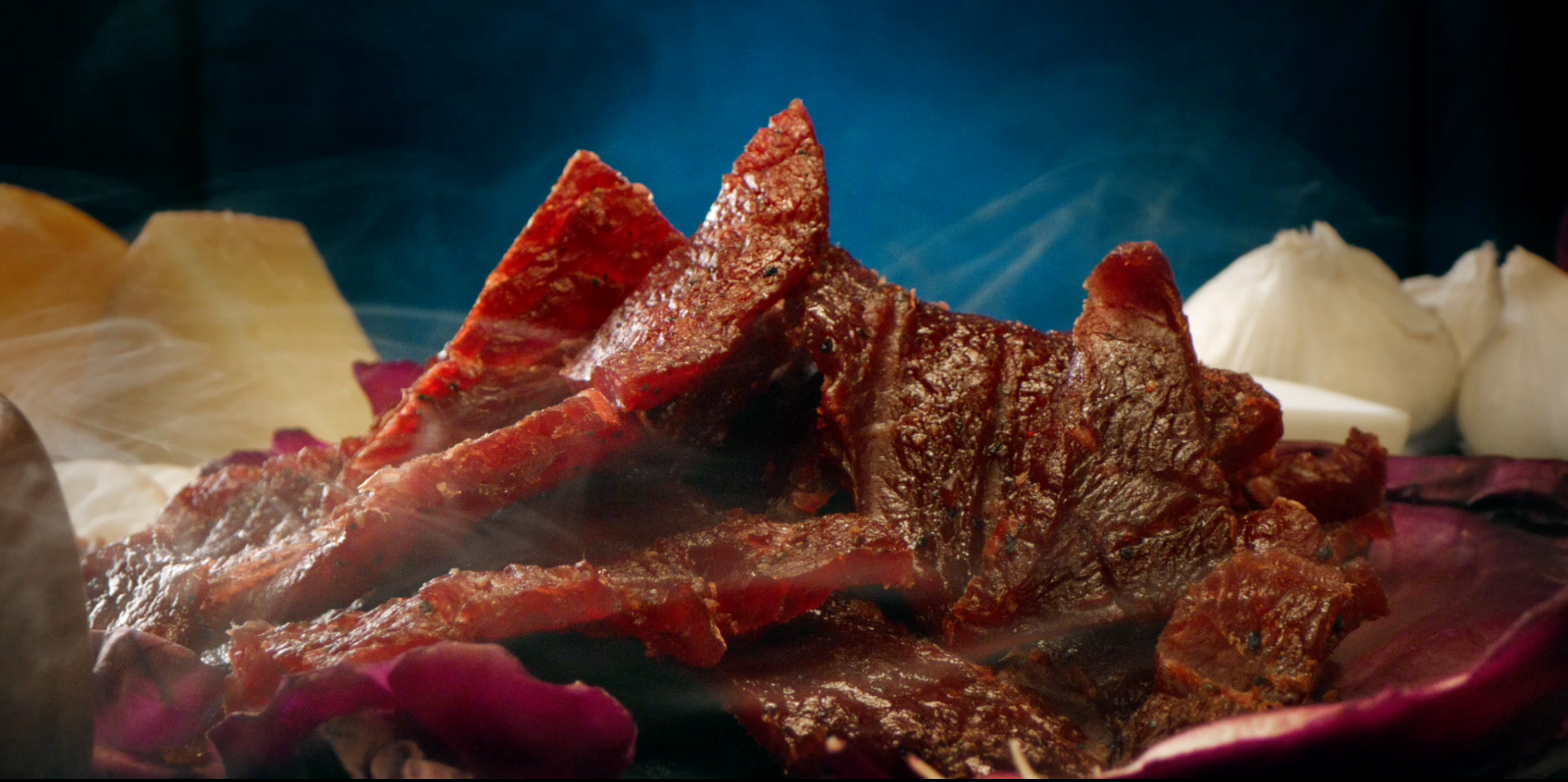 Close up of some juicy slabs of jerky