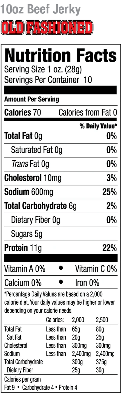 Old Trapper Old Fashioned Jerky |  10oz Nutritional Label