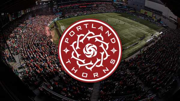 Portland Thorns logo over an aerial image of Providence Park