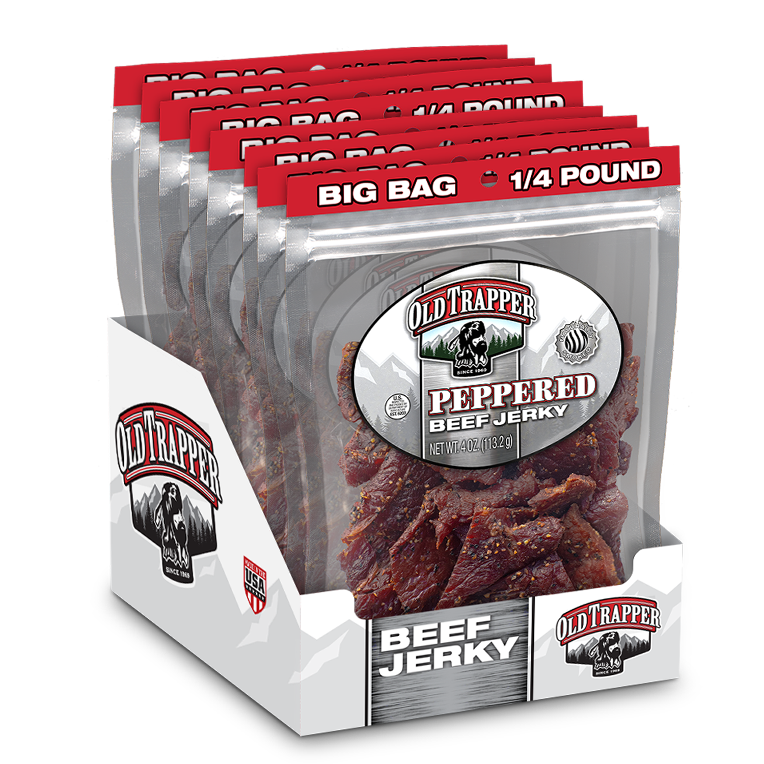 Old Trapper Peppered Jerky | Case of 8 | 1/4 lb Shipping Render