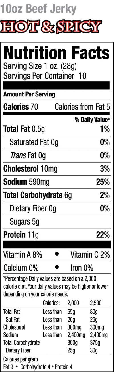 Old Trapper Hot & Spicy 10oz Nutrition Label