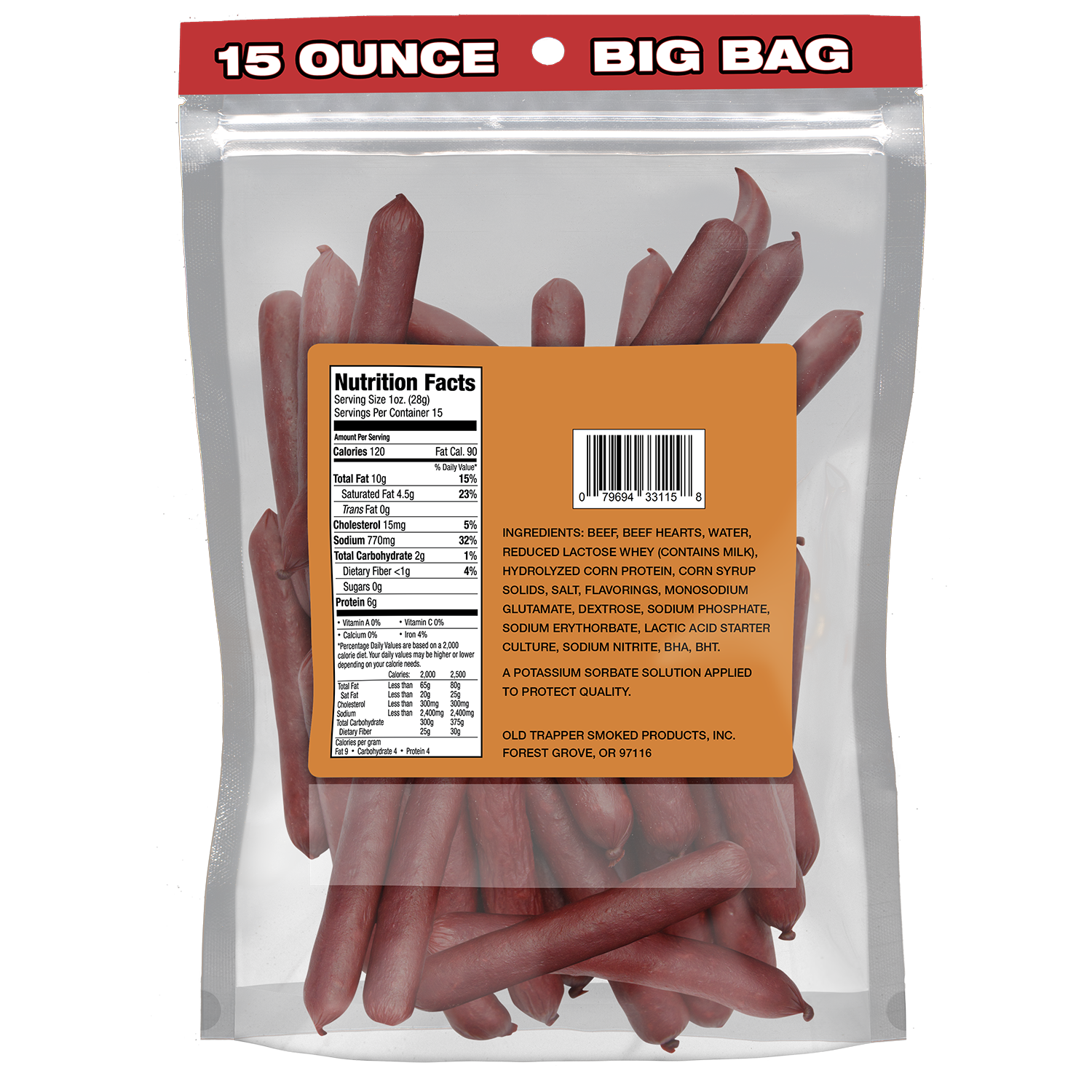 Bulk Deli Style Beef Sticks | Original | Case of 6 | 15oz Package Back