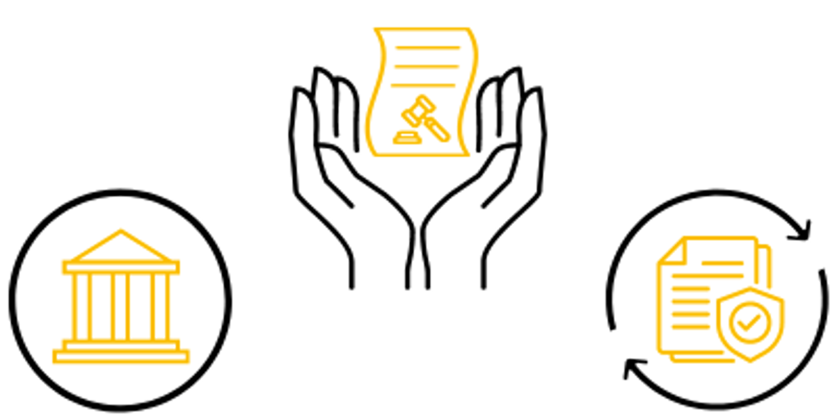 Line icons for governance reporting: a classical institution building, hands holding a signed document and a gavel, and a certified policy document.