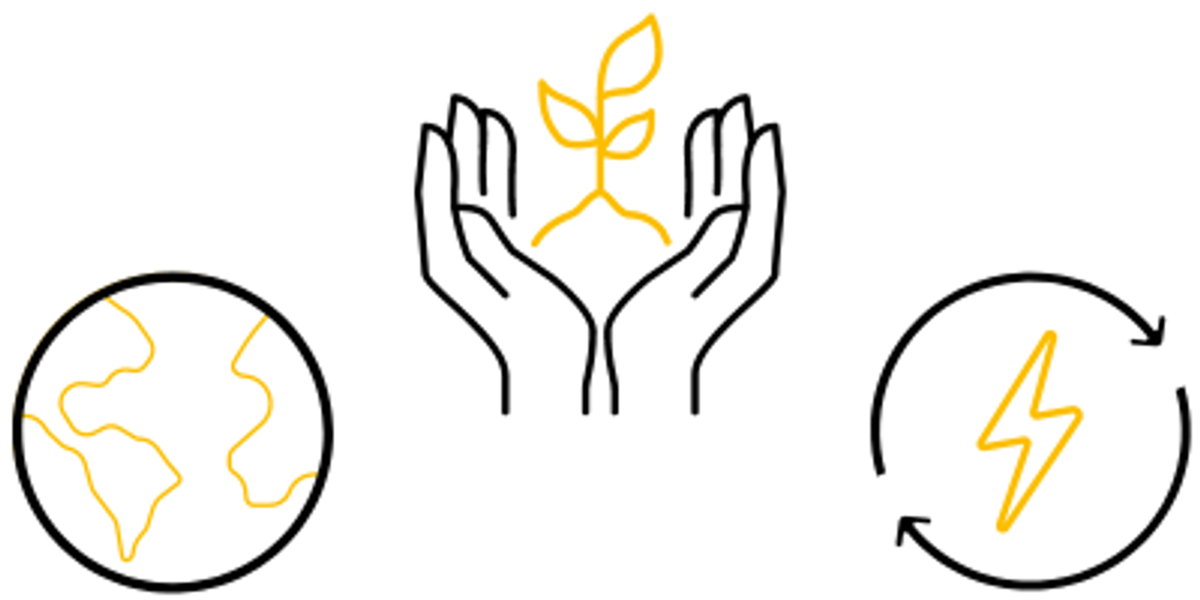 Line icons for environmental reporting: a globe, hands cupping a seedling, and a recycling arrow around a lightning bolt.