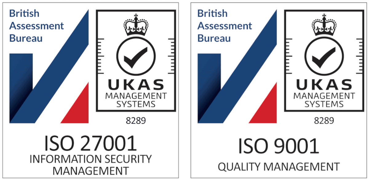 British Assessment Bureau certification marks for ISO 27001 information security management and ISO 9001 quality management.