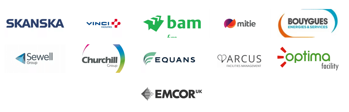 Logos of the FM organisations taking part: Skanska, Vinci Facilities, BAM FM, Mitie, Bouygues Energies & Services, Sewell Group, Churchill Group, Equans, Arcus, Optima Facility and EMCOR UK.