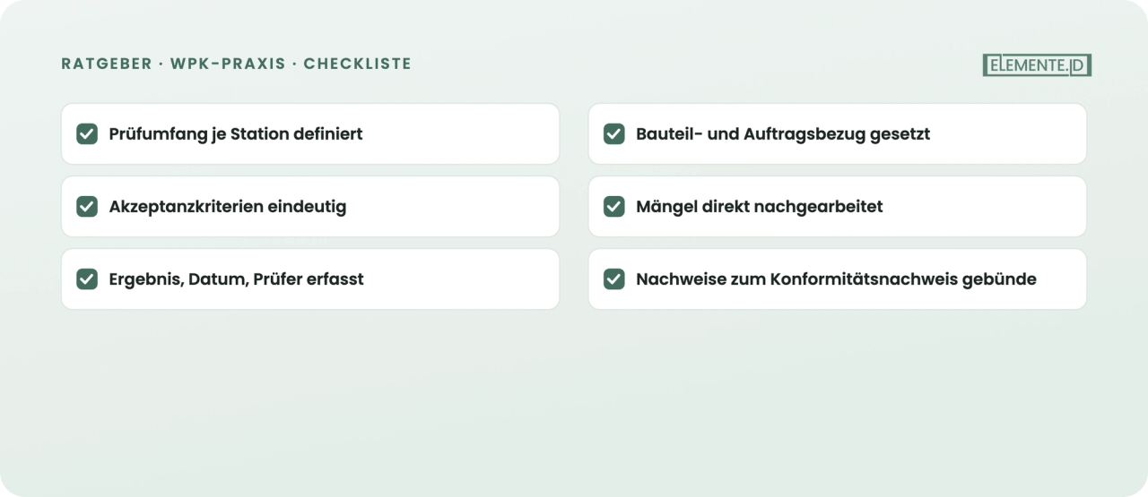 Jeder Prüfeintrag mit Bezug zu Bauteil, Station und Prüfer