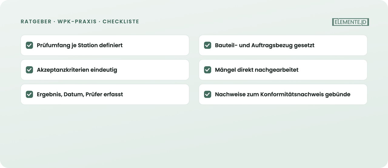 Jeder Prüfeintrag mit Bezug zu Bauteil, Station und Prüfer