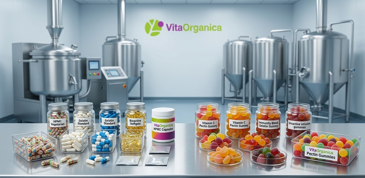 An overhead, wide-angle shot of a clean laboratory table featuring various professional supplement formats: on the left, clear glass jars and containers filled with HPMC vegetarian, gelatin standard, and bioactive softgel capsules; on the right, several jars of colorful pectin and gelatin-based gummies. The background shows high-tech stainless steel manufacturing tanks and the Vita Organica logo on the wall.