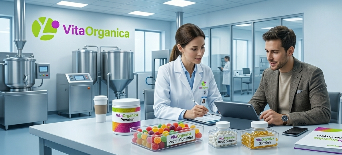 A professional setting showing a female scientist from Vita Organica in a white lab coat and a male entrepreneur reviewing a digital production plan on a tablet.