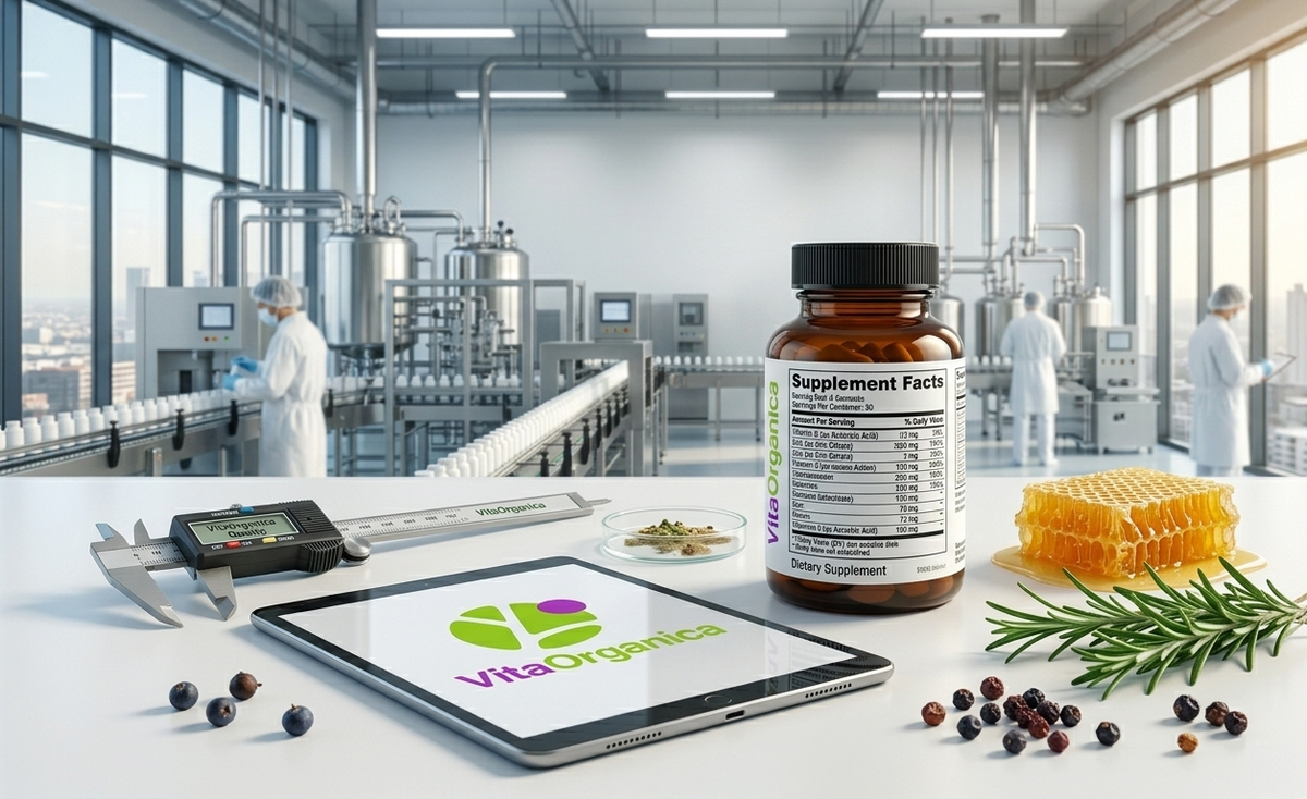 Professional supplement packaging showing an FDA-compliant Supplement Facts label next to the Vita Organica logo and raw natural ingredients in a high-tech laboratory setting.