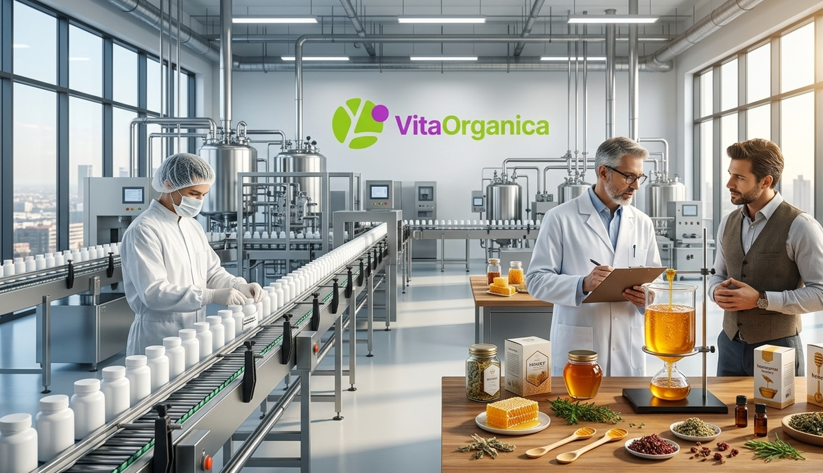 A wide-angle, hyper-realistic shot of a high-end supplement manufacturing facility featuring the VitaOrganica logo on the back wall. On the left, a production line shows identical white bottles on a conveyor belt representing efficient white label manufacturing. On the right, a scientist and an entrepreneur collaborate over premium honey-based supplement prototypes and organic ingredients, illustrating custom private label innovation.