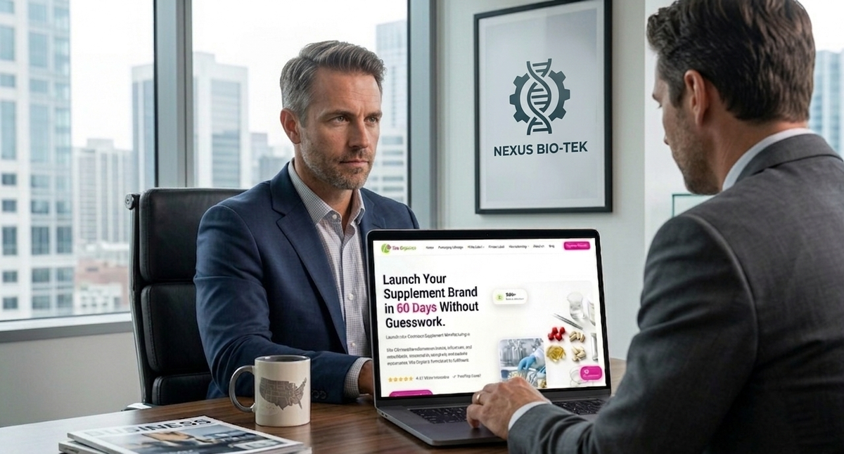 A professional middle-aged businessman in a navy suit and light blue shirt sitting in a modern office, looking directly at the camera. In front of him is an open laptop displaying a website for a supplement brand titled "Launch Your Supplement Brand in 60 Days." The desk features a coffee mug with a map, magazines, and various supplement bottles. A large window in the background shows a cityscape with skyscrapers.