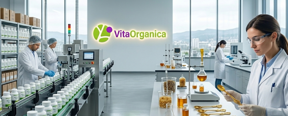 A split-view of a supplement factory showing high-volume stock production on one side and a custom formulation lab for innovative honey and gummy products on the other, featuring the Vita Organica logo.