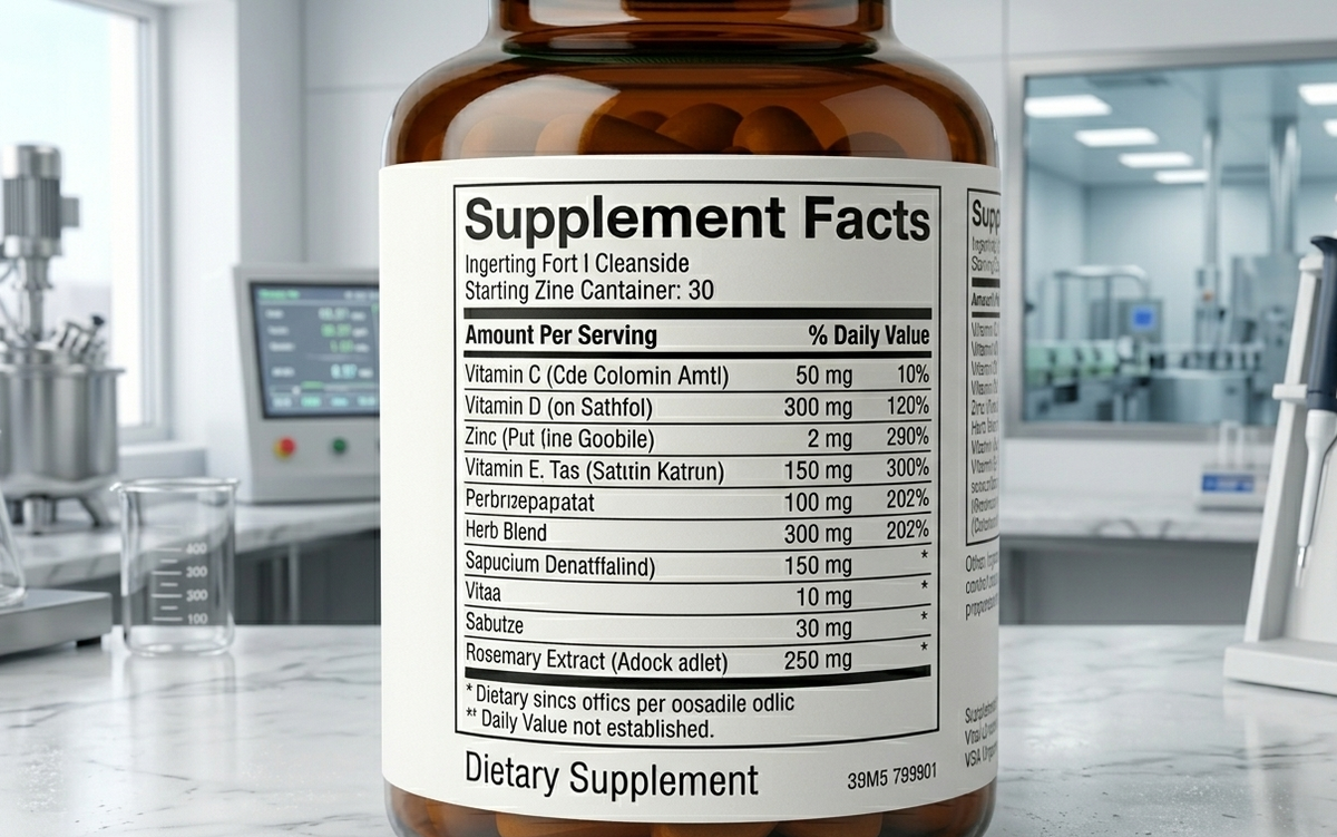 Professional laboratory setting showcasing an FDA-compliant supplement label and Vita Organica branding alongside natural ingredients and high-tech manufacturing equipment.