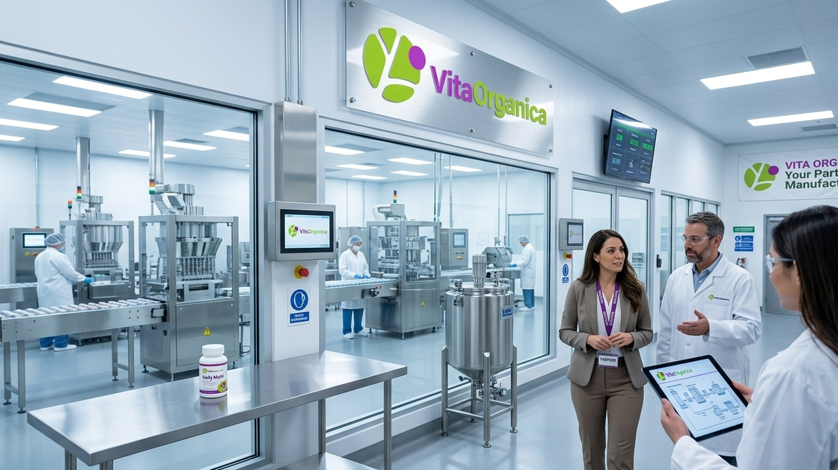 A professional business visitor in a formal blazer touring the high-tech Vita Organica supplement manufacturing facility.