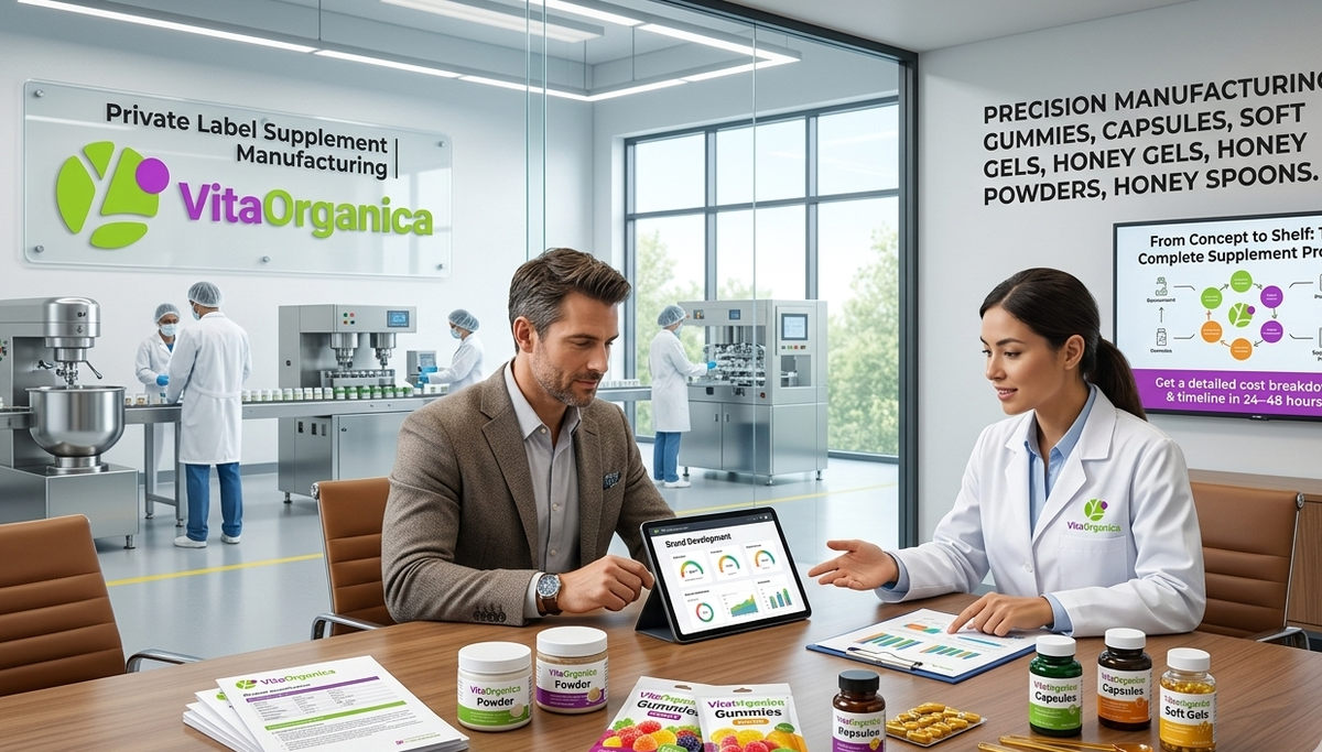A professional wide-angle shot of a wellness entrepreneur and a Vita Organica lead scientist collaborating in a modern boardroom with a view of the high-tech manufacturing floor.