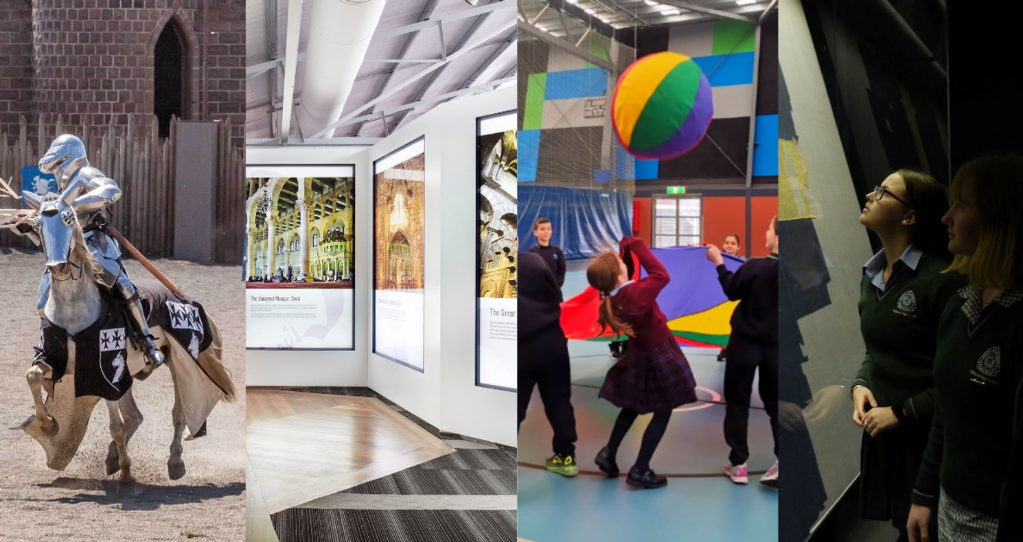 Collage showing Victorian school programmes including medieval history at Kryal Castle, gallery visits, cultural dance workshops, and museum experiences for students.