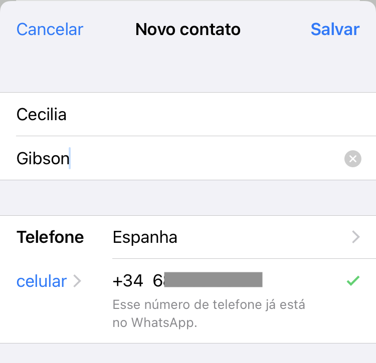 Tela da agenda de contatos do celular ao adicionar um número de celular da Espanha no iPhone