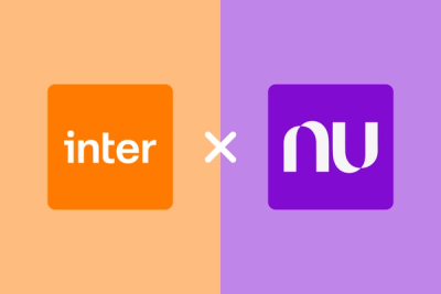 Arte com logo do Banco Inter ao lado da logo do Nubank com fundo laranja e roxo