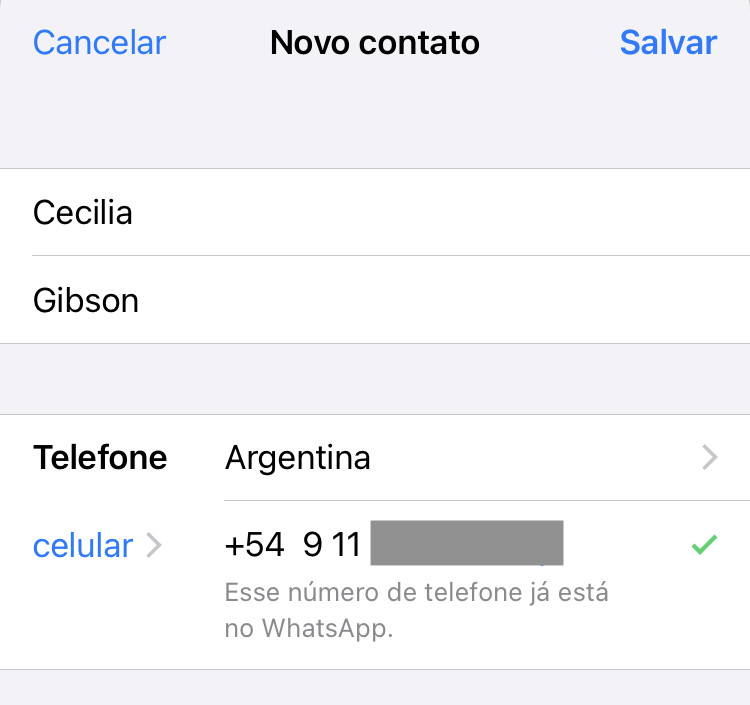 Tela da agenda de contatos do celular ao adicionar um número de celular da Argentina no iPhone