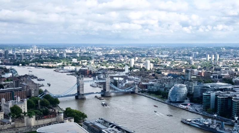 View from the Sky Garden of London Bridge over Thames River in City of London, London, United Kingdom, UK