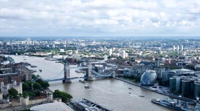 View from the Sky Garden of London Bridge over Thames River in City of London, London, United Kingdom, UK