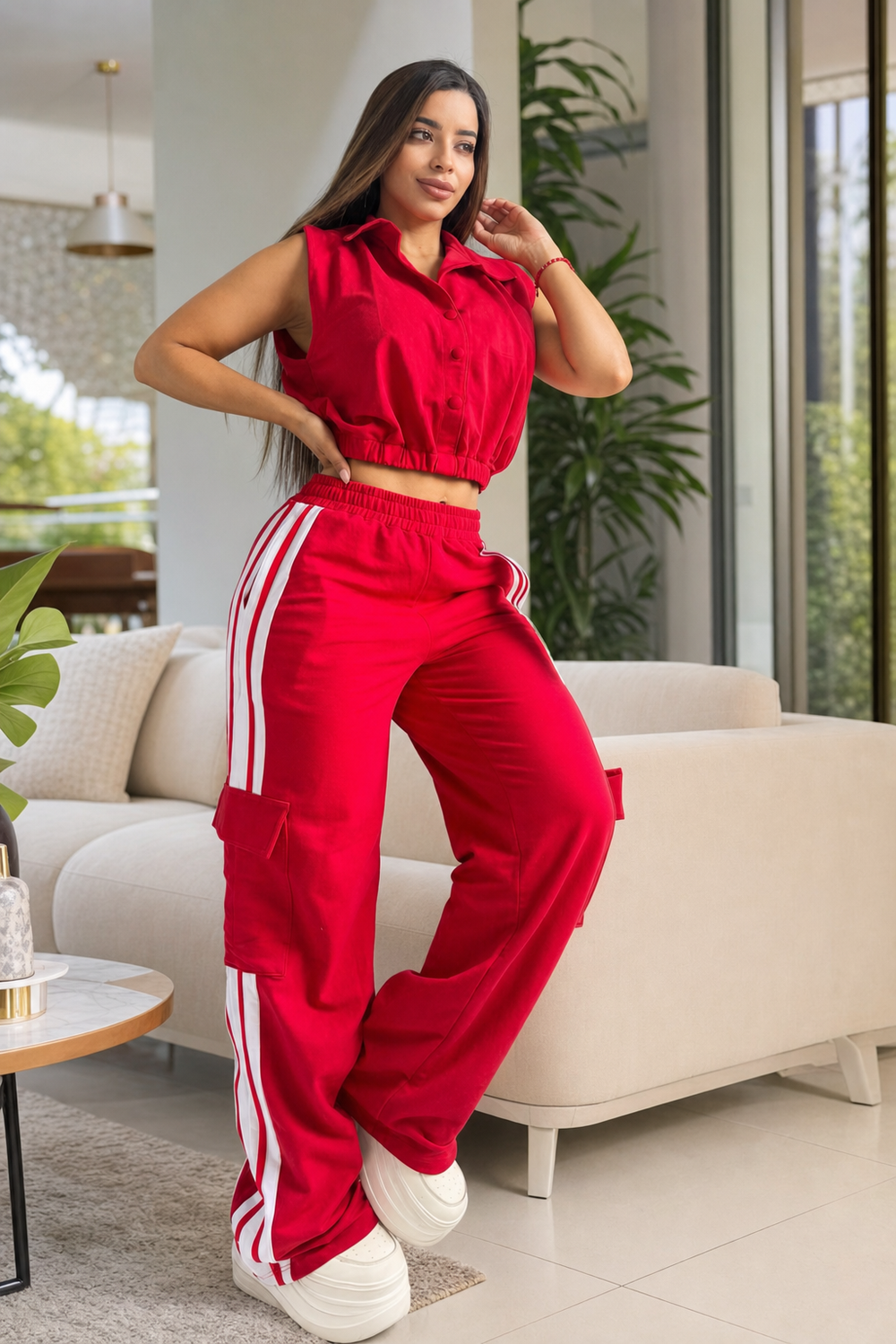 Conjunto Urbano de 2 Piezas: Chaleco Corto y Pantalón Cargo en uso