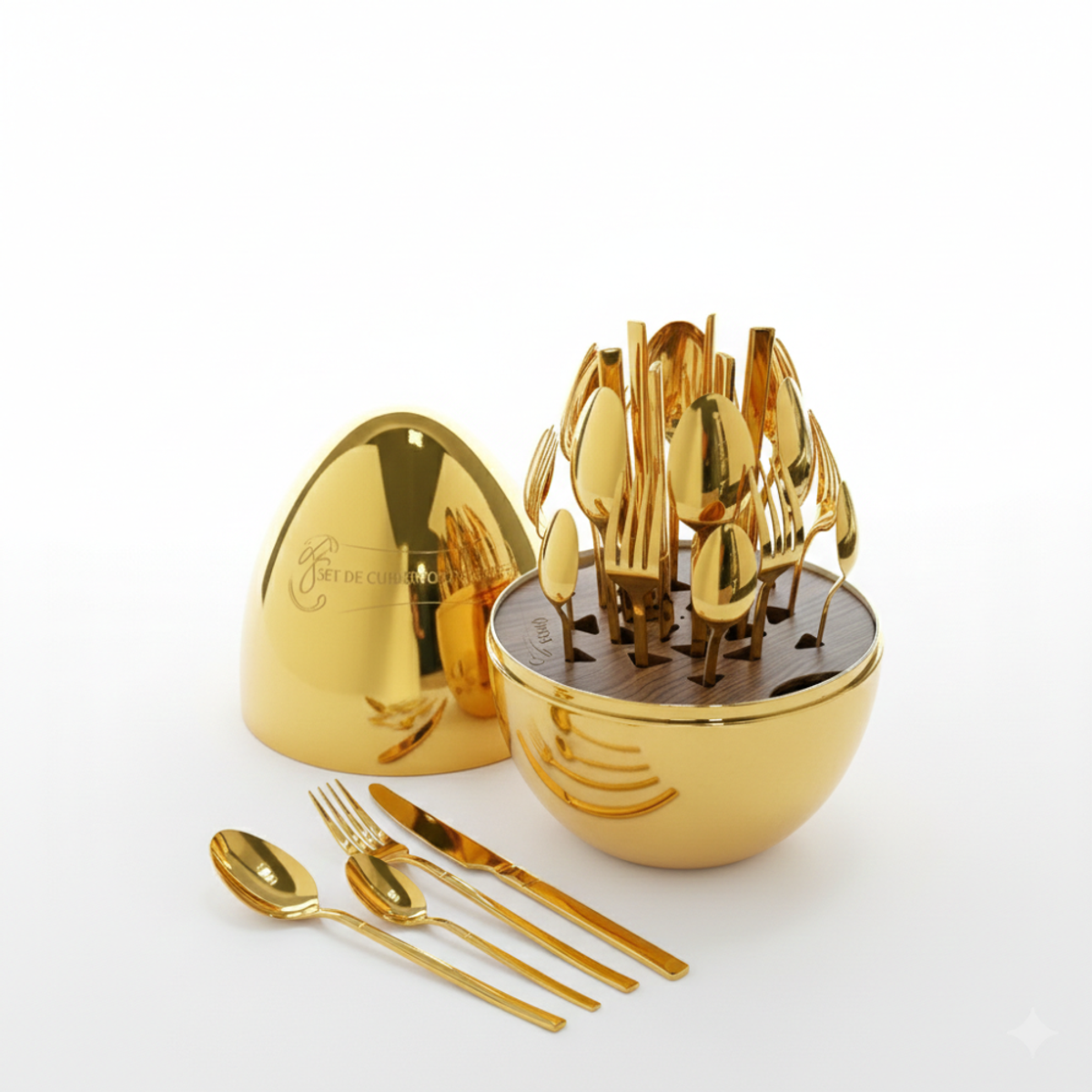 Set de Cubiertos de Lujo 24 Pzs — Estuche de Huevo Dorado