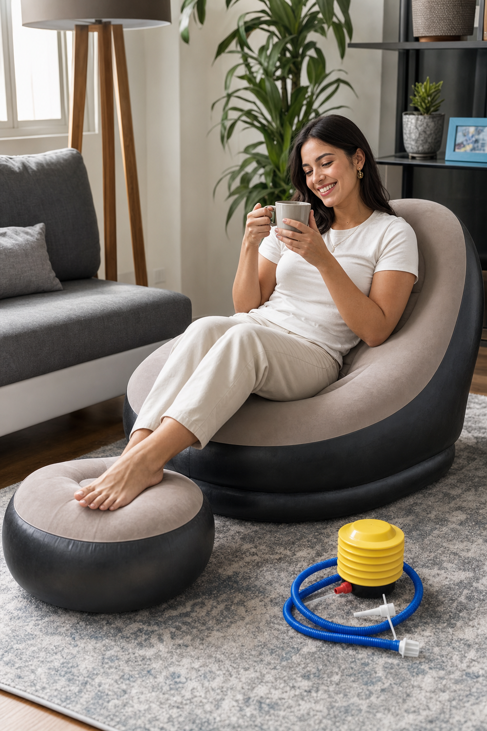 Sillón Inflable Reclinable Premium + Puff en uso