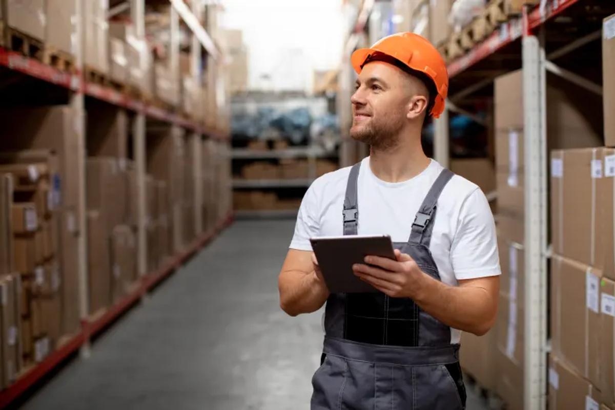 Operario planeando el inventario de una bodega con una tableta