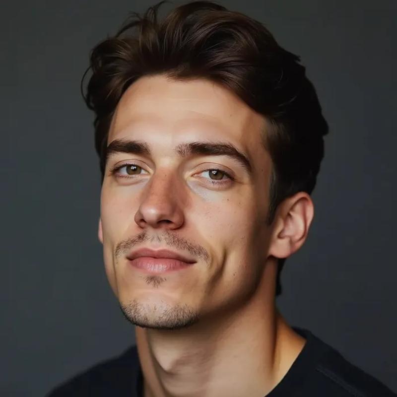 Retrato de cliente sobre fondo gris oscuro.