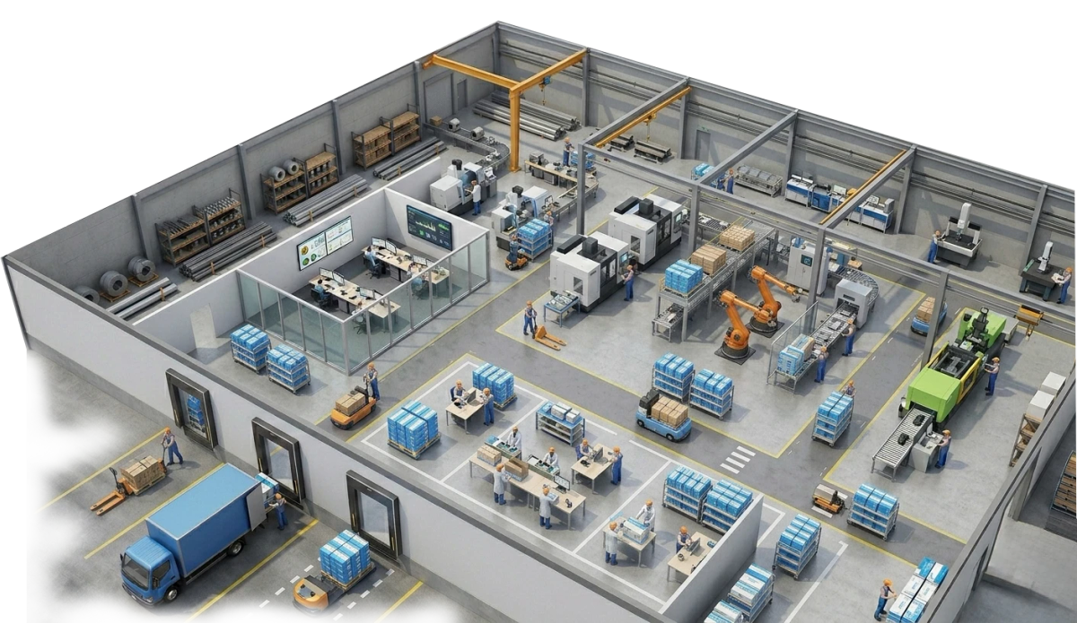 Ilustración isométrica de una bodega con estaciones de trabajo, robots y operarios conectados.