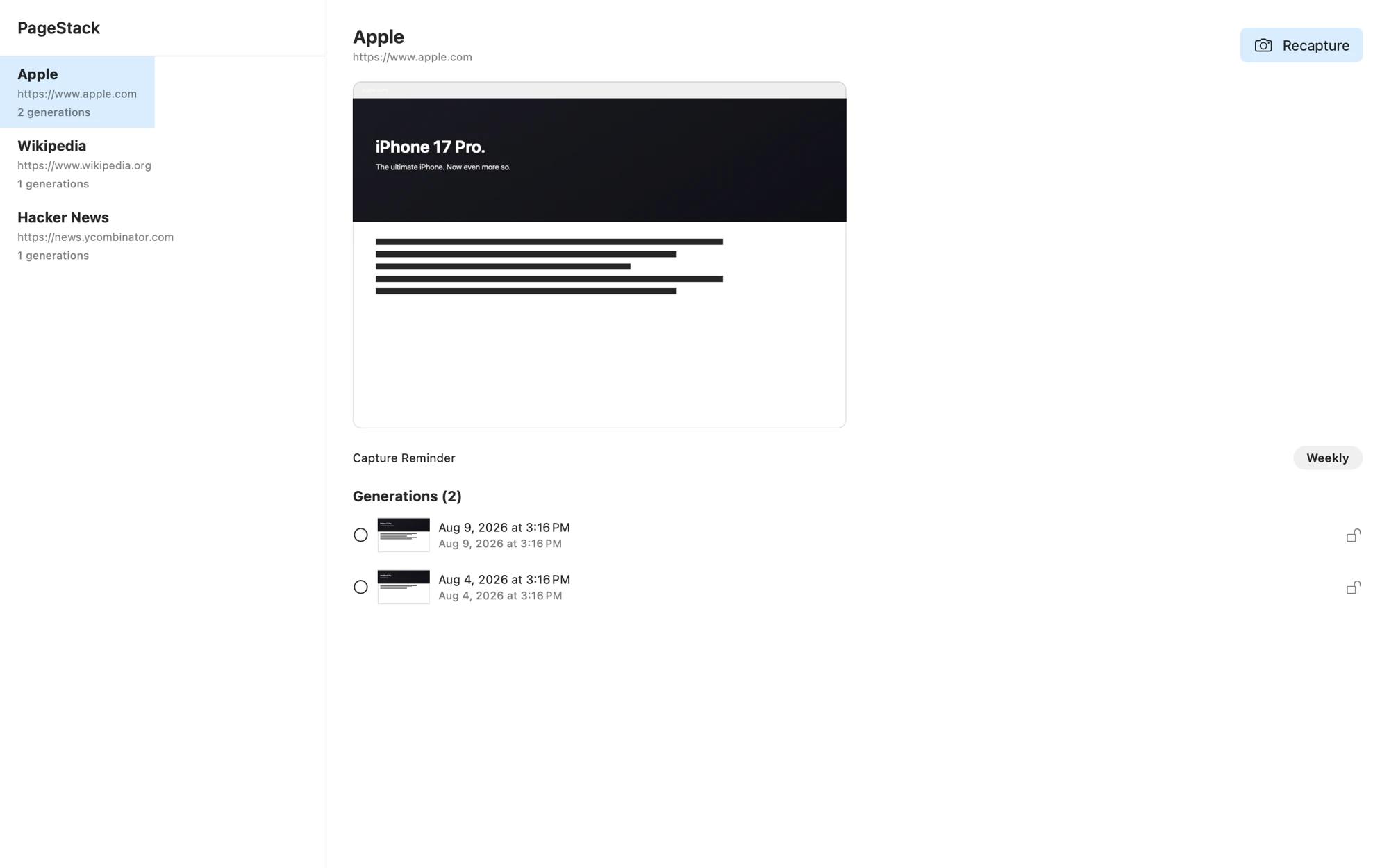 PageStack — saved generations of a web page
