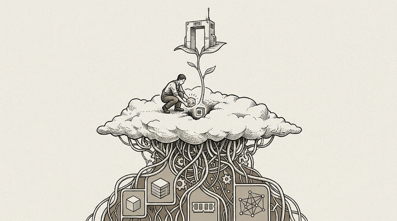 Pen and ink figure planting a compact server seed with cloud infrastructure roots