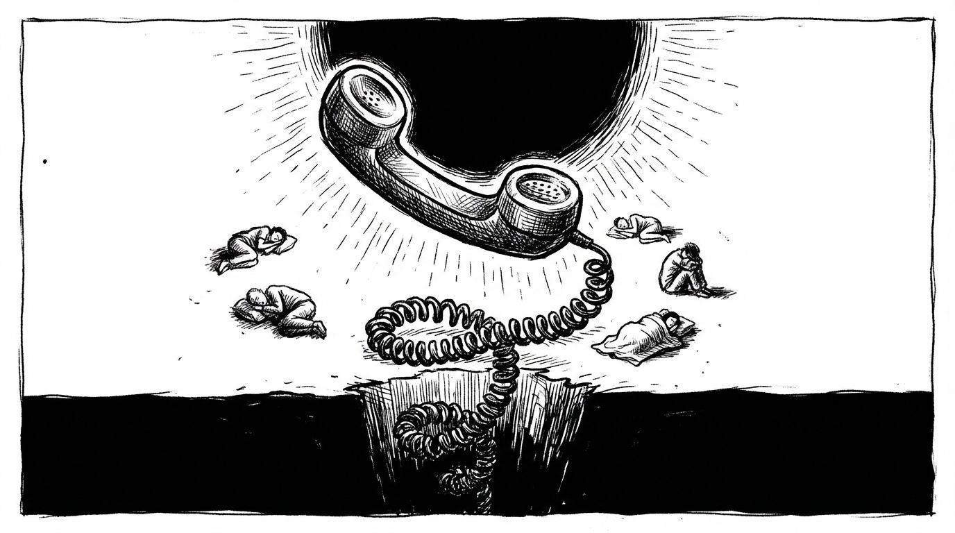 Pen and ink illustration of a telephone receiver floating in mid-air with tiny sleeping figures around it