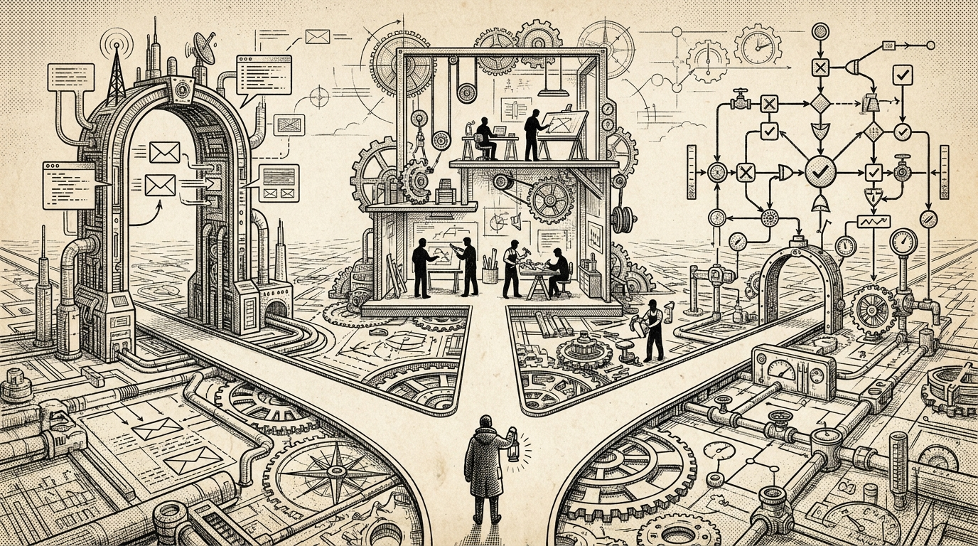 Pen and ink figure at a three-way crossroads between messaging, crew, and graph machines