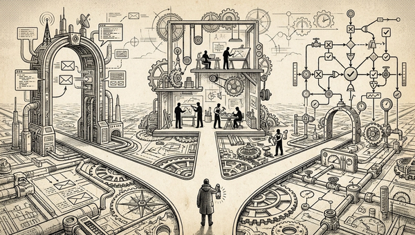 Pen and ink figure at a three-way crossroads between messaging, crew, and graph machines
