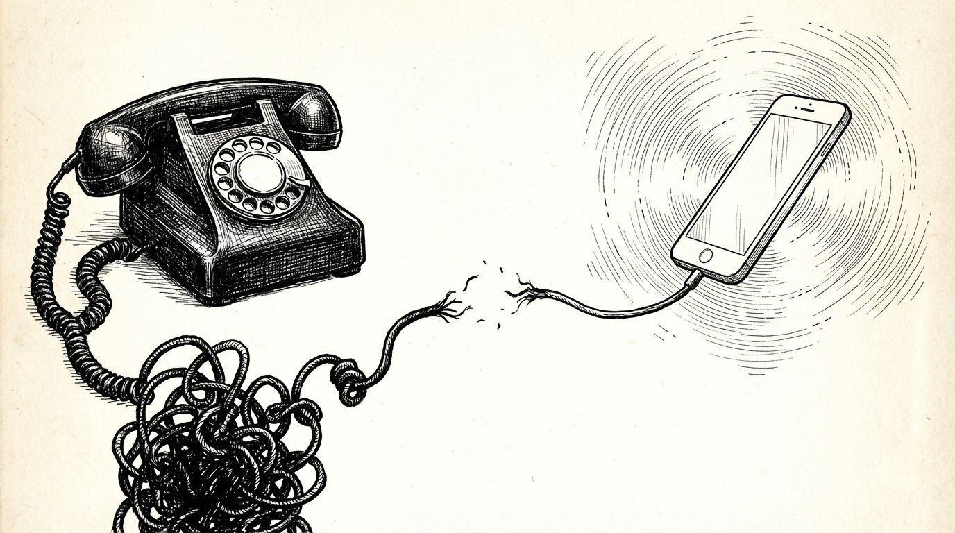 Pen and ink illustration of an old rotary phone tangled in cord beside a sleek modern handset floating free